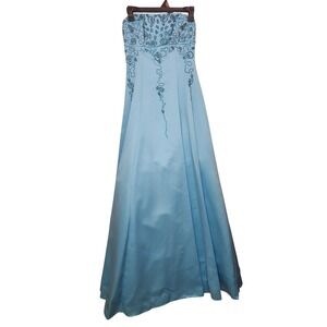 Vintage 90s Cache Blue Strapless Beaded Prom Gown Lace Up Back Shawl‎ Formal